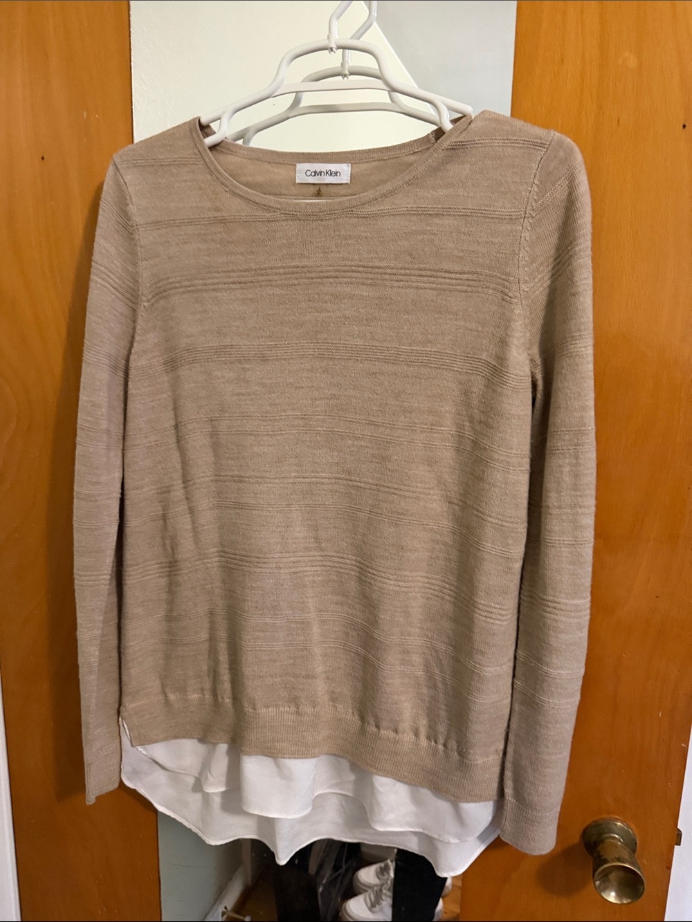 Calvin Klein Beige Layered-Hem Crewneck Sweater
